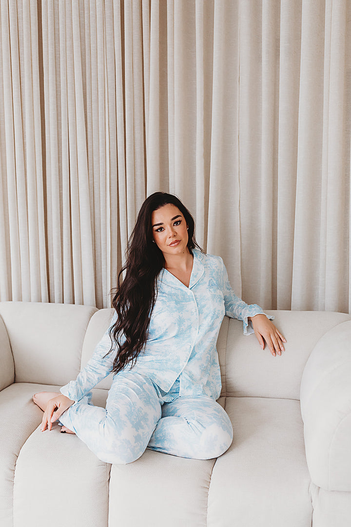 Personalised Blue Toile De Jouy Luxury Jersey Pants Set
