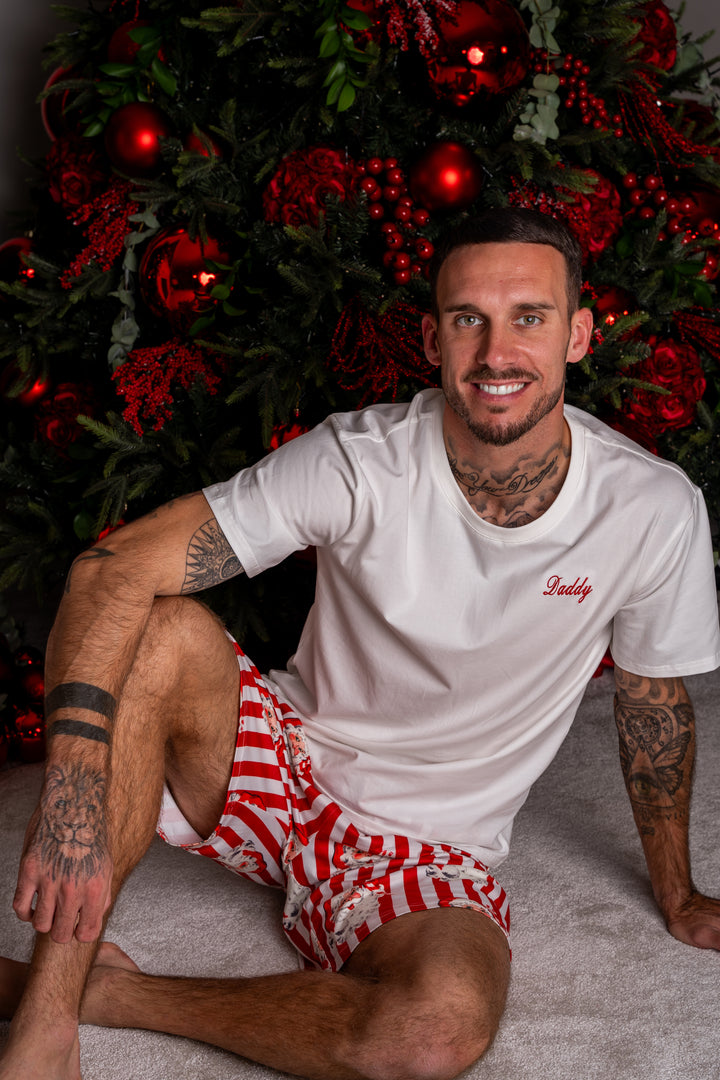 Mens Personalised Red Santa Stripe Luxury Jersey Shorts Set