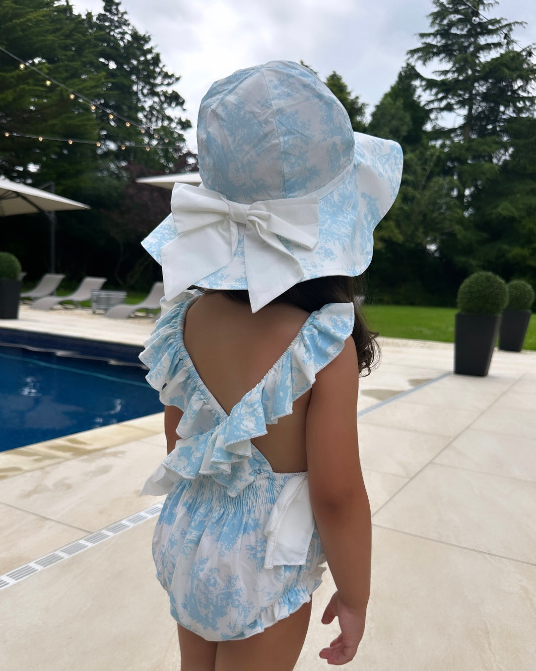 Girls Blue Toile De Jouy Sun Hat