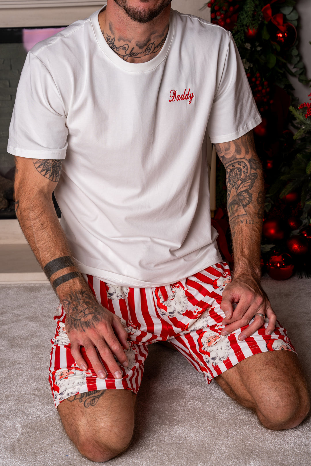 Mens Personalised Red Santa Stripe Luxury Jersey Shorts Set