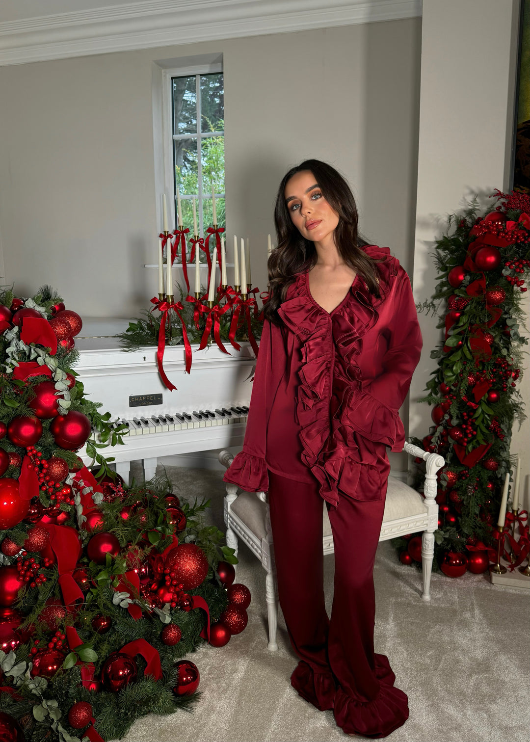 Burgundy Luxe Satin Frill Trouser Set