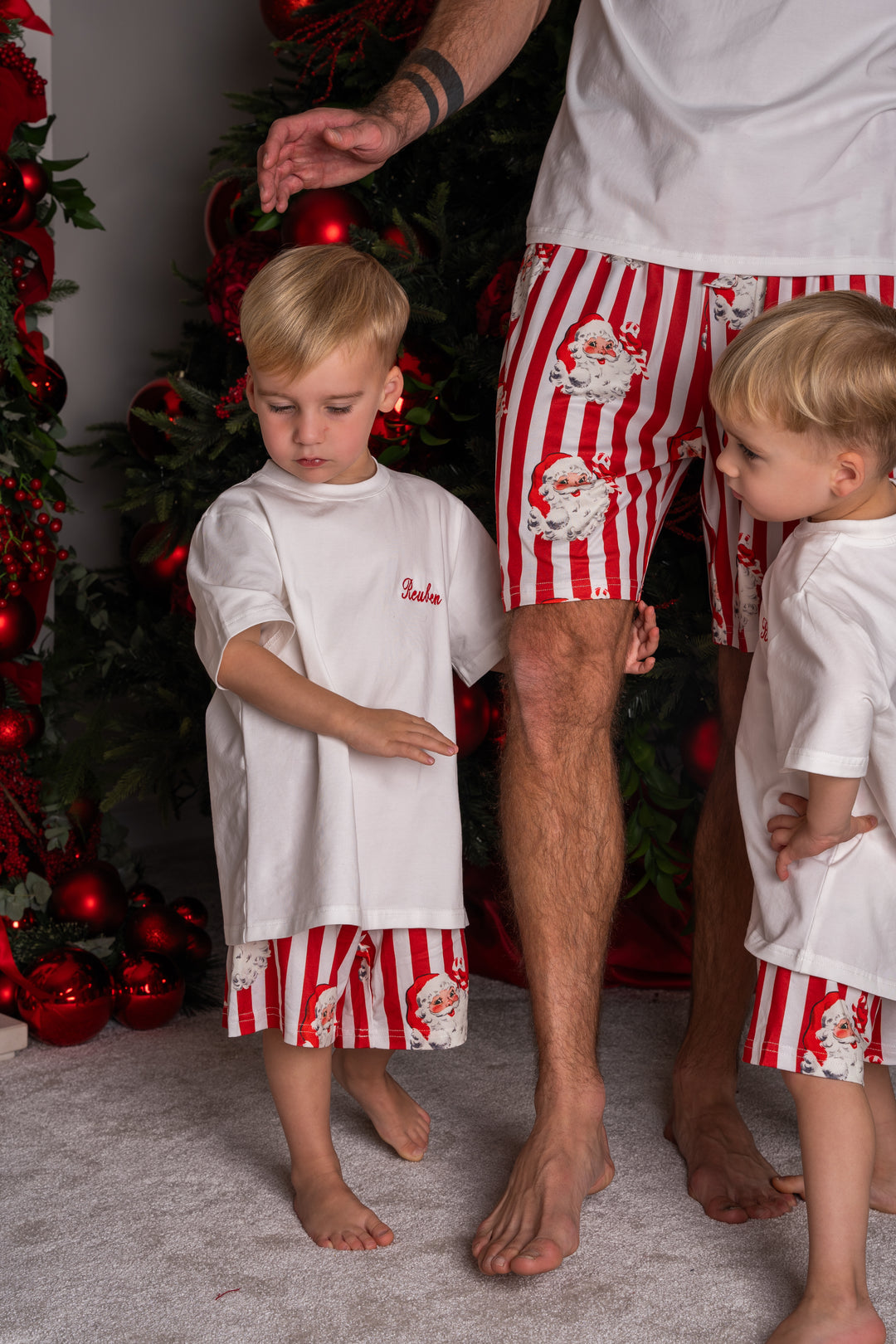 Boys Personalised Red Santa Stripe Luxury Jersey Shorts Set