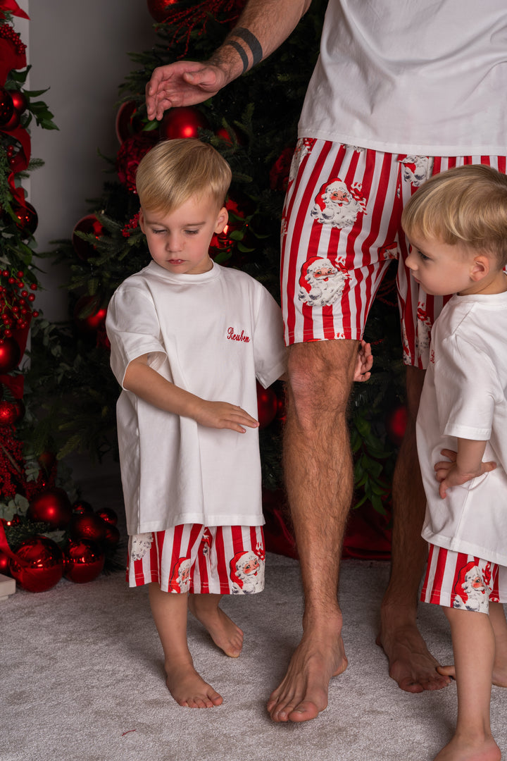 Boys Personalised Red Santa Stripe Luxury Jersey Shorts Set