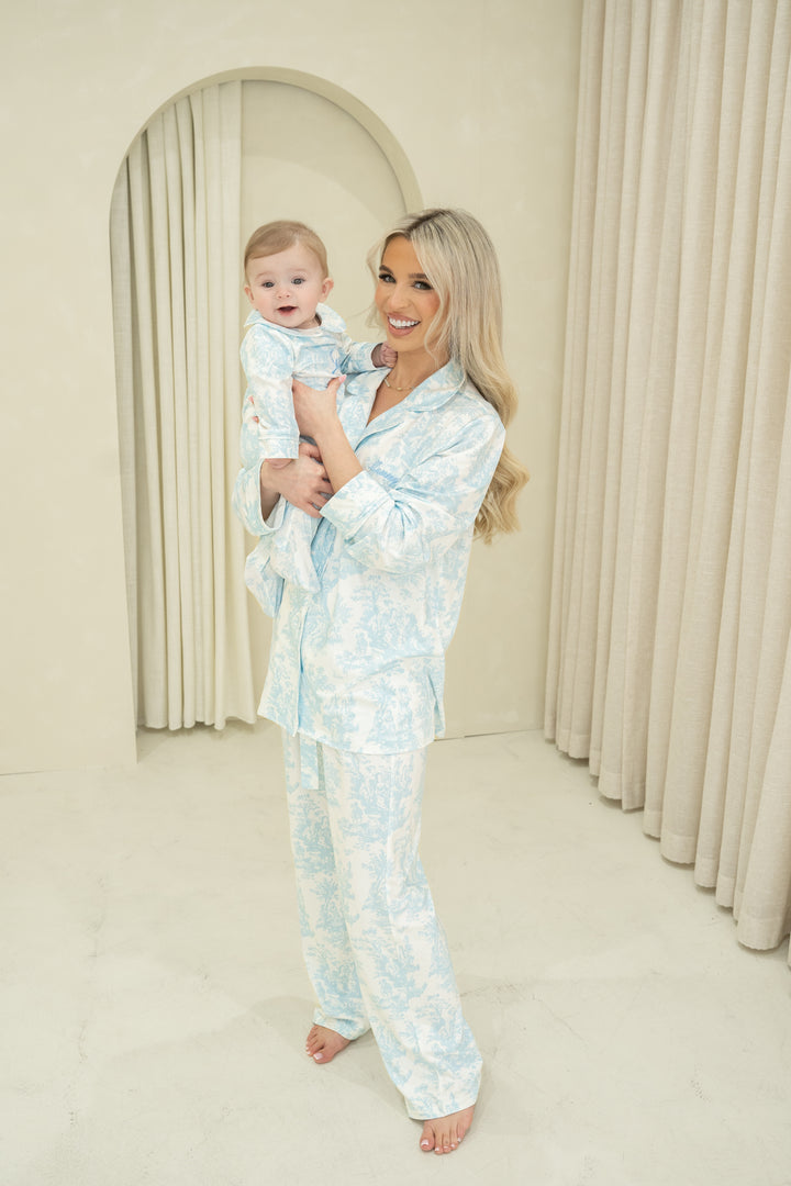Personalised Blue Toile De Jouy Luxury Jersey Pants Set