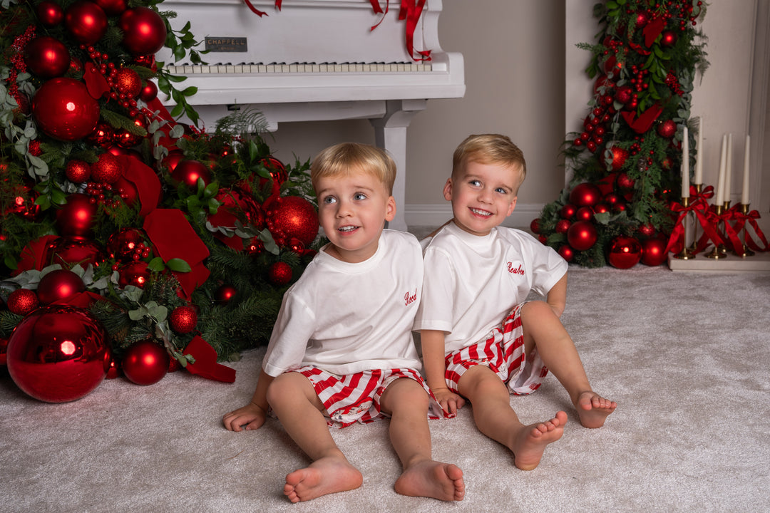 Boys Personalised Red Santa Stripe Luxury Jersey Shorts Set