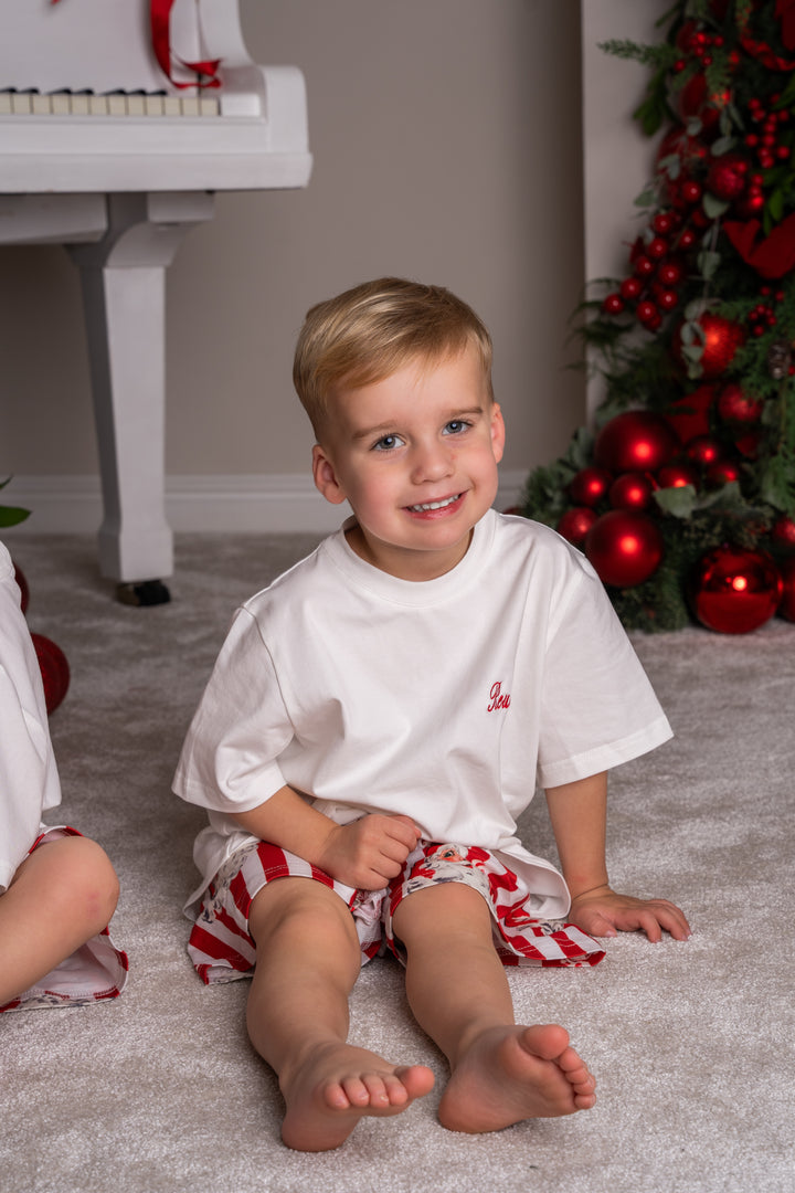 Boys Personalised Red Santa Stripe Luxury Jersey Shorts Set