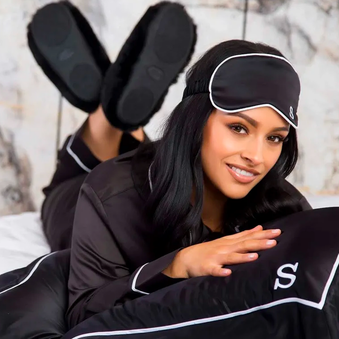 Silk Pillowcase, Eye Mask & Scrunchie Set - Black with White