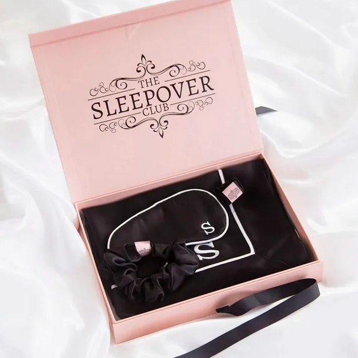 Silk Pillowcase, Eye Mask & Scrunchie Set - Black with White