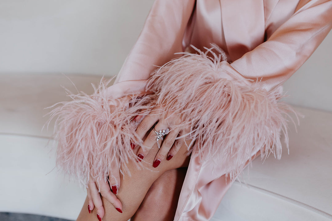 Product Short Blush Pink Luxe Satin Feather Robe