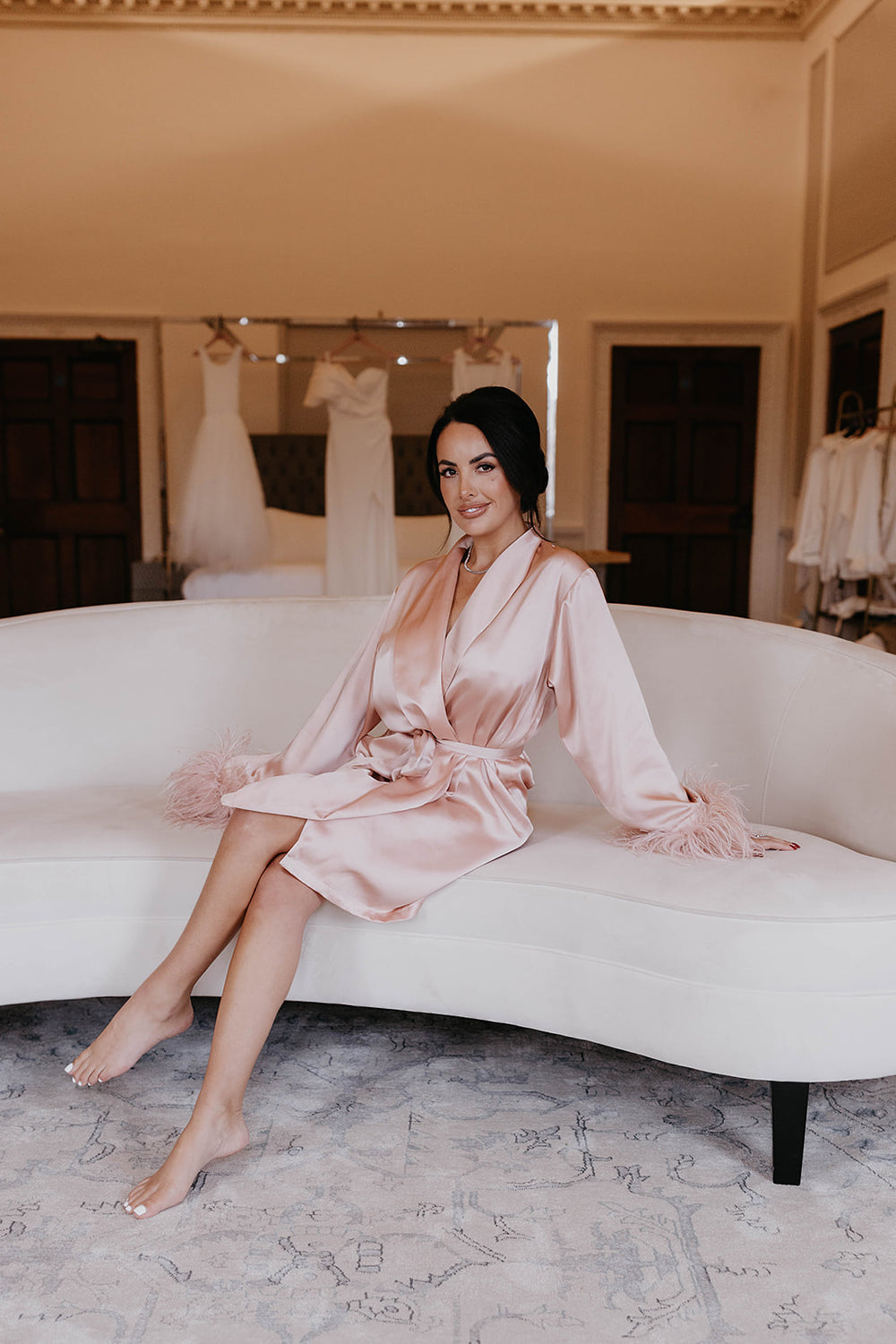 Product Short Blush Pink Luxe Satin Feather Robe