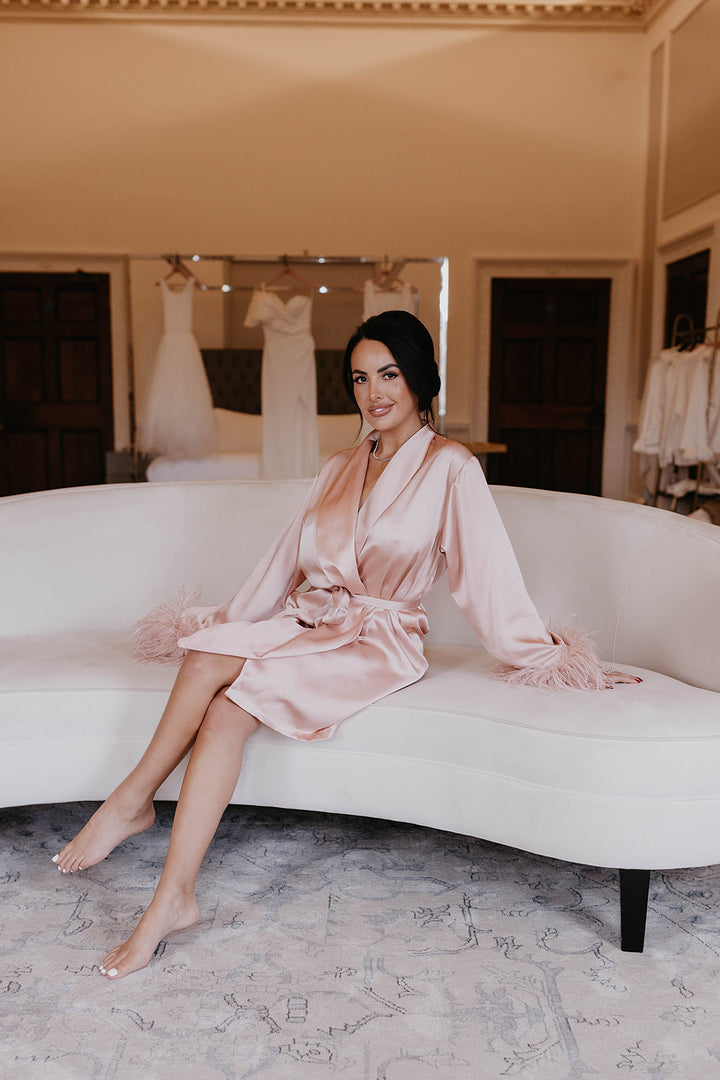 Product Short Blush Pink Luxe Satin Feather Robe