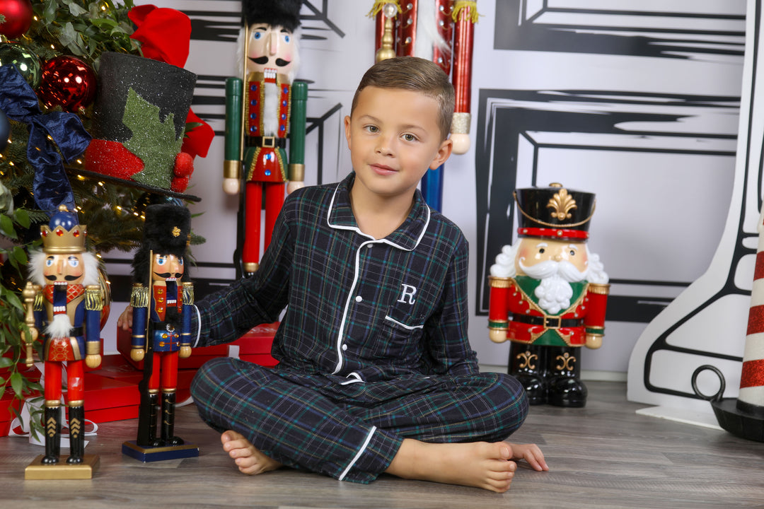 Boys Personalised Navy Tartan Luxury Jersey Pants Set