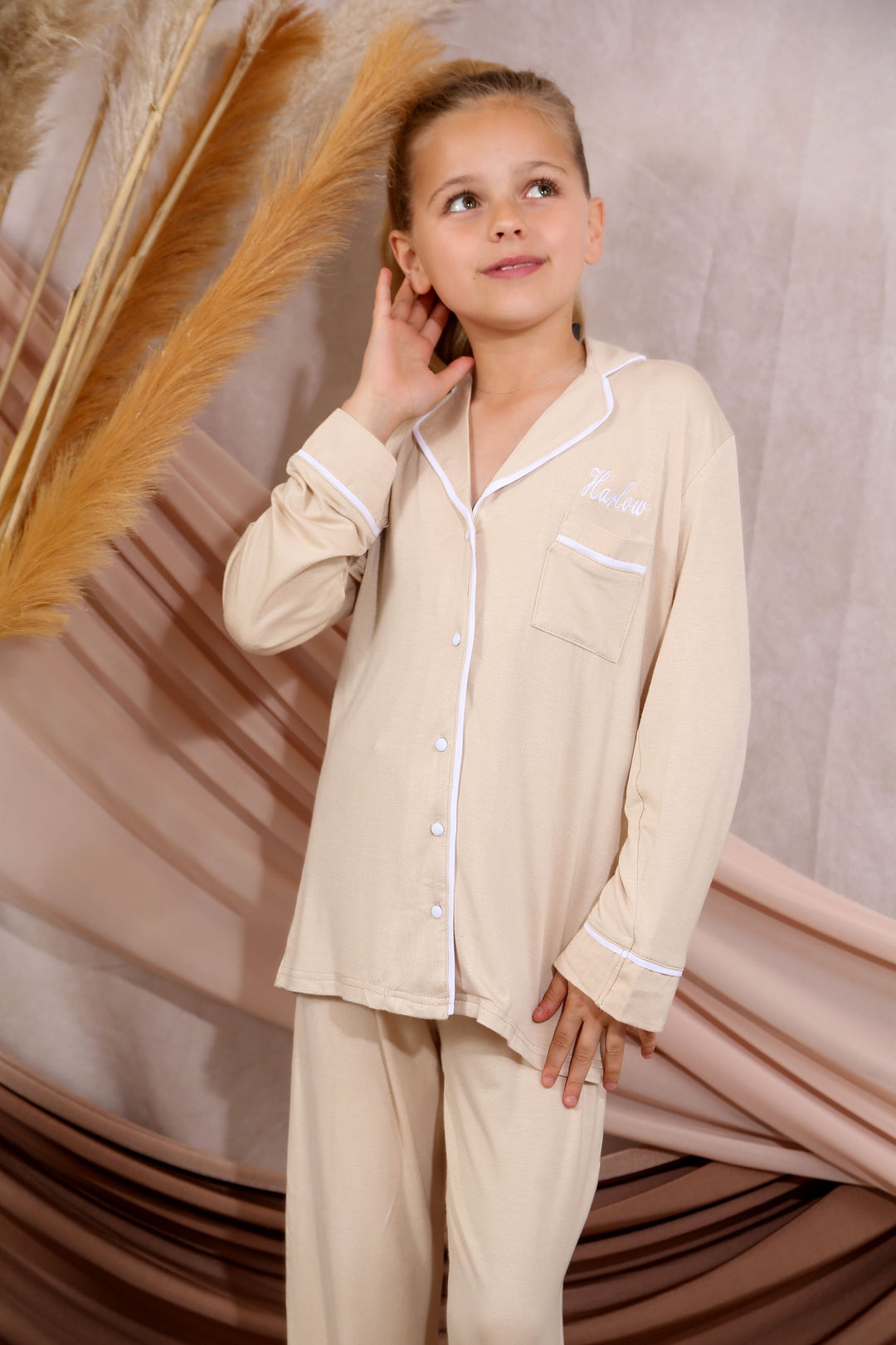 Girls Mini Personalised Sand Luxury Jersey Pants Set