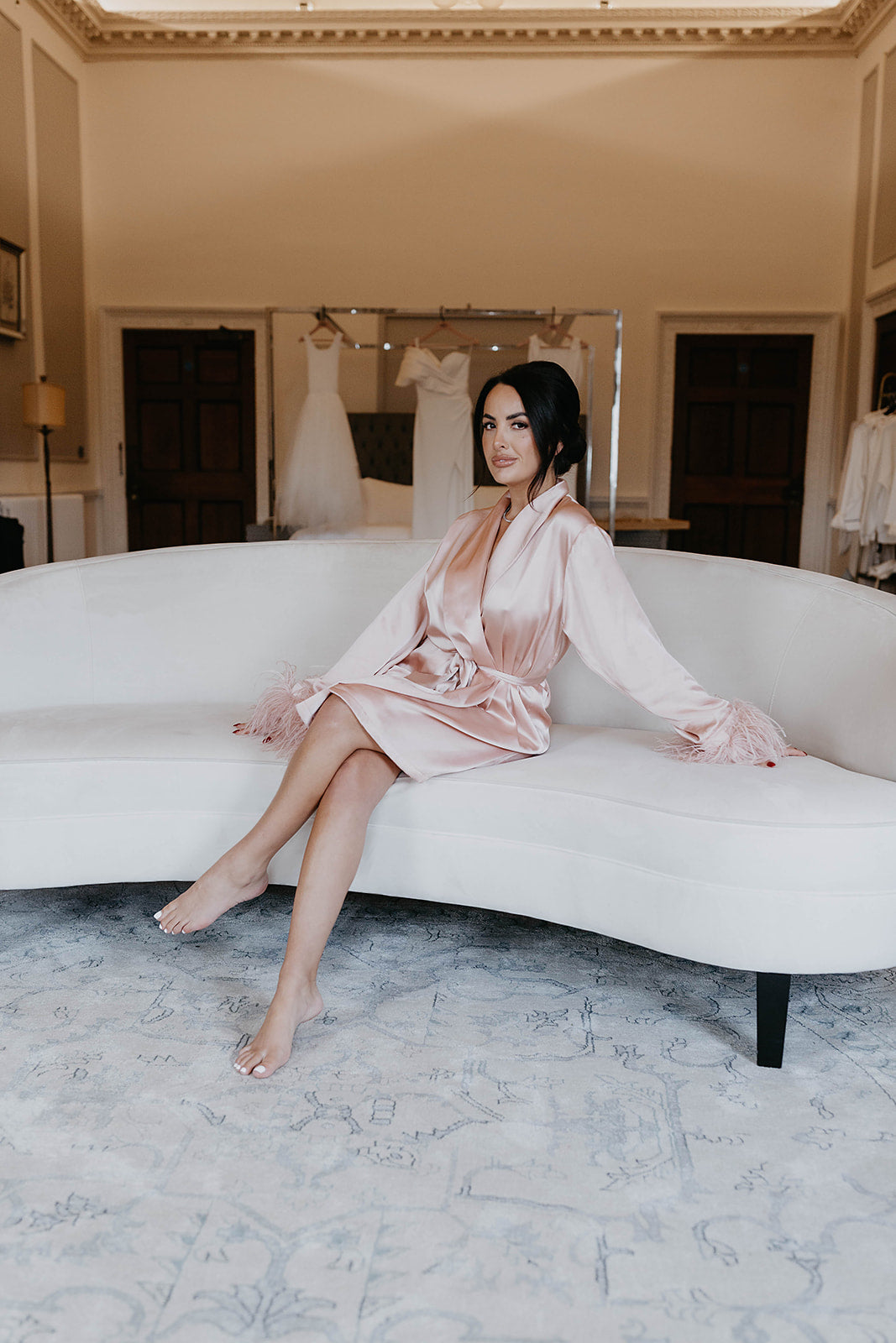 Product Short Blush Pink Luxe Satin Feather Robe