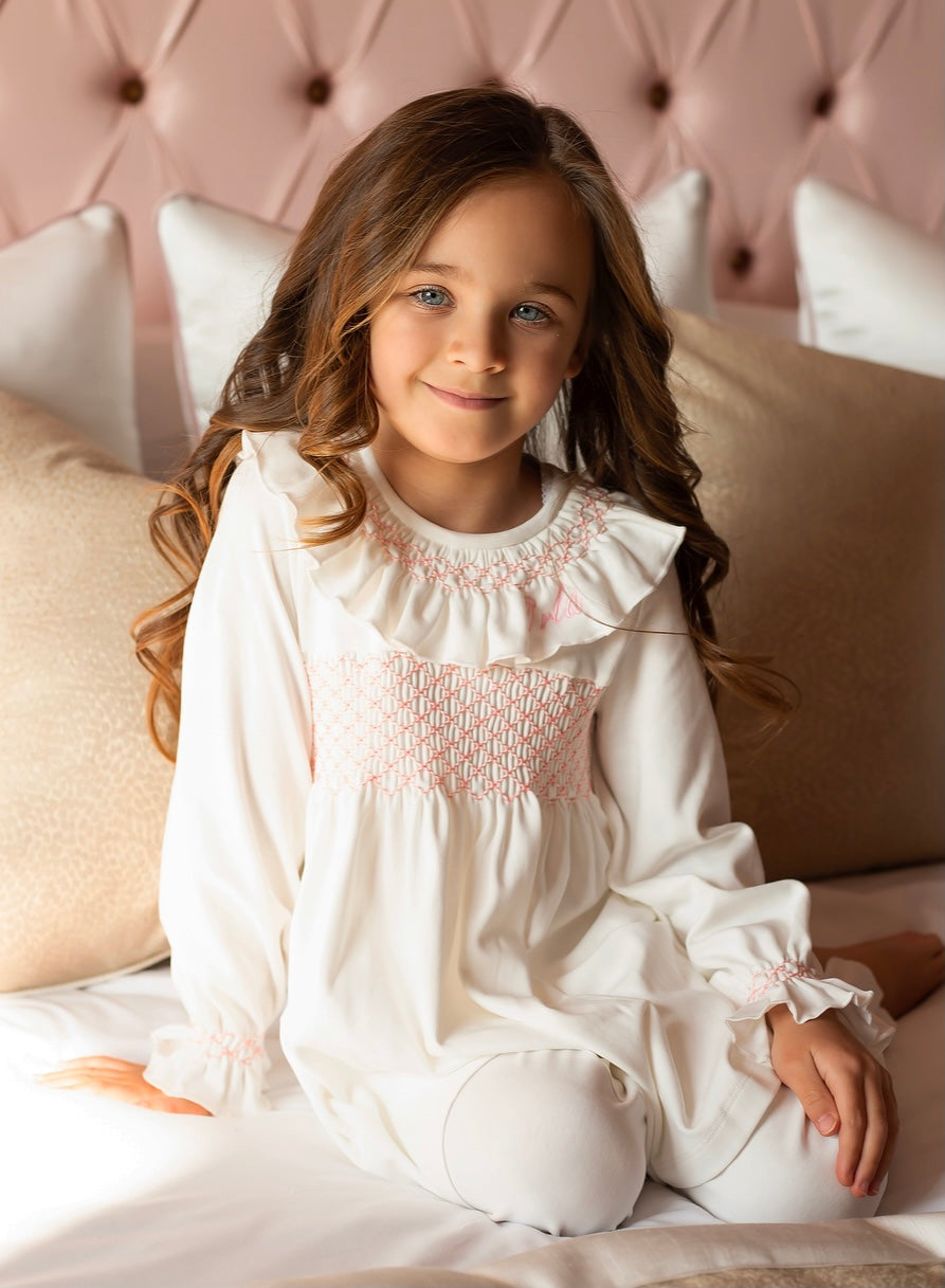 Girls Hand Smocked Cotton Personalised Pyjamas - White & Pink