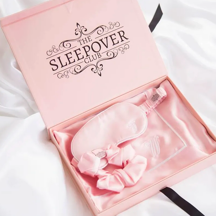 Silk Pillowcase, Eye Mask & Scrunchie Set - Pink with White