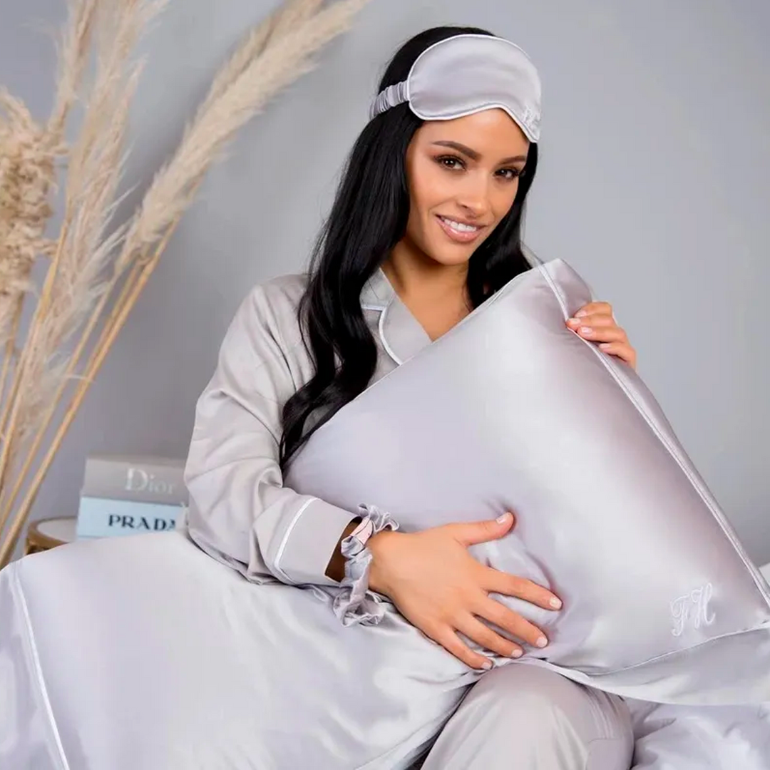 Silk Pillowcase, Eye Mask & Scrunchie Set - Grey with White