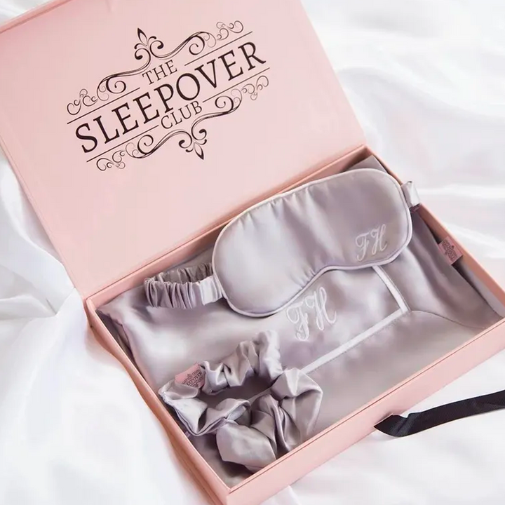 Silk Pillowcase, Eye Mask & Scrunchie Set - Grey with White