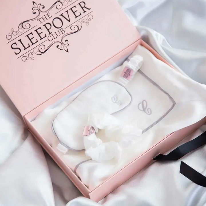 Silk Pillowcase, Eye Mask & Scrunchie Set - White with Grey