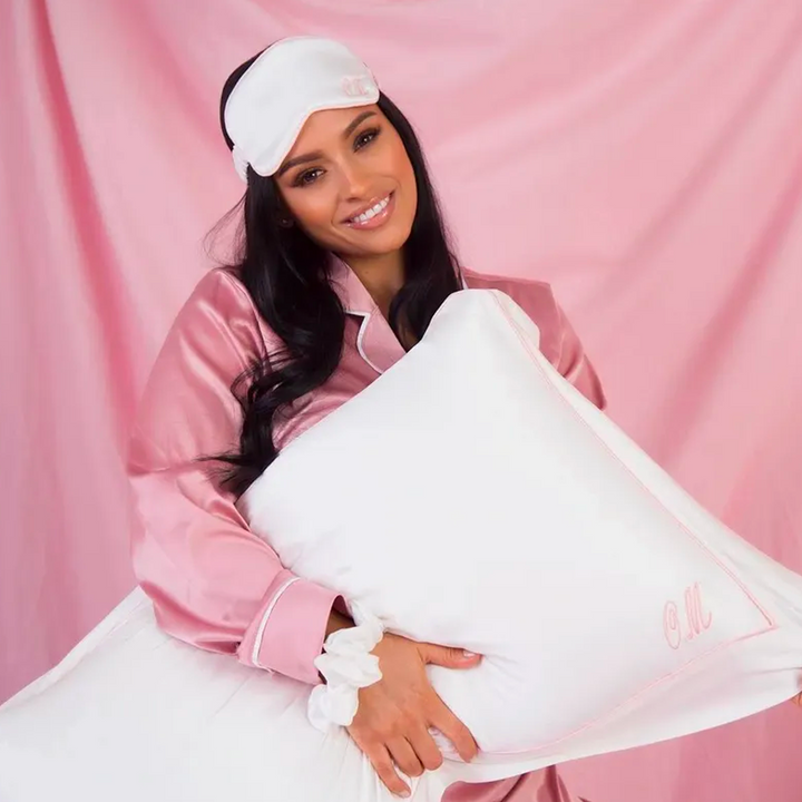 Silk Pillowcase, Eye Mask & Scrunchie Set - White with Pink
