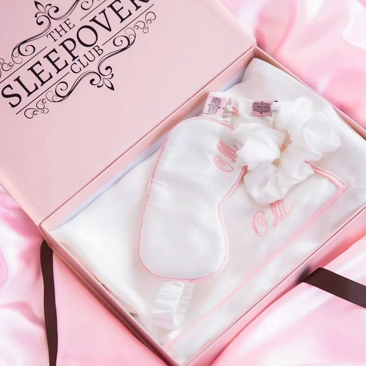 Silk Pillowcase, Eye Mask & Scrunchie Set - White with Pink