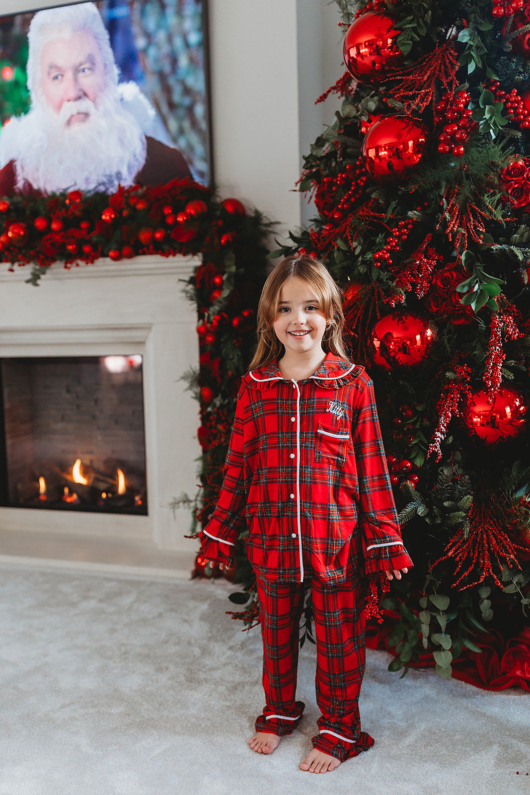 Girls Personalised Red Tartan Luxury Jersey Pants set