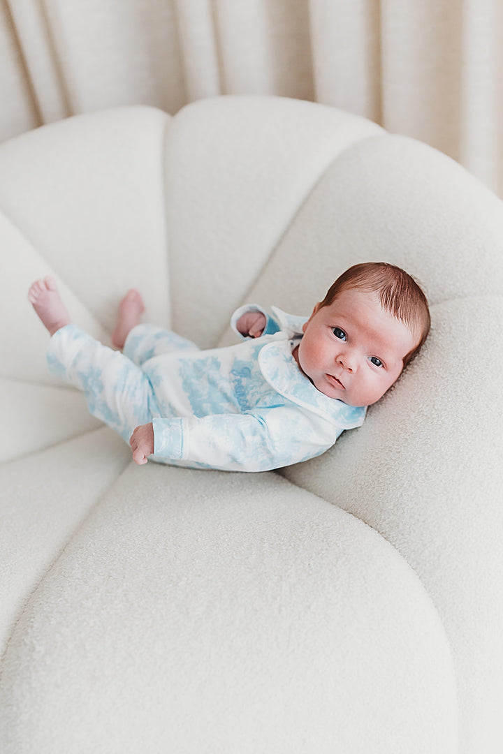 Baby Personalised Blue Toile De Jouy Luxury Jersey Zip Romper