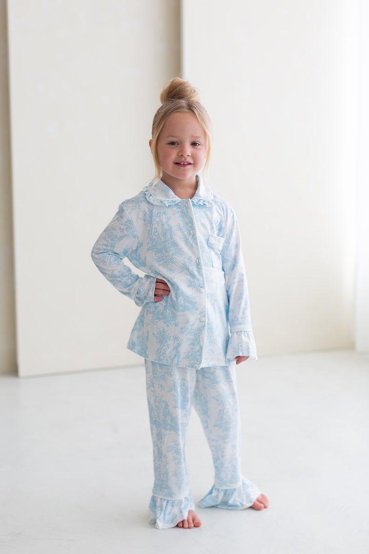 Girls Personalised Blue Toile De Jouy Luxury Jersey Pants set