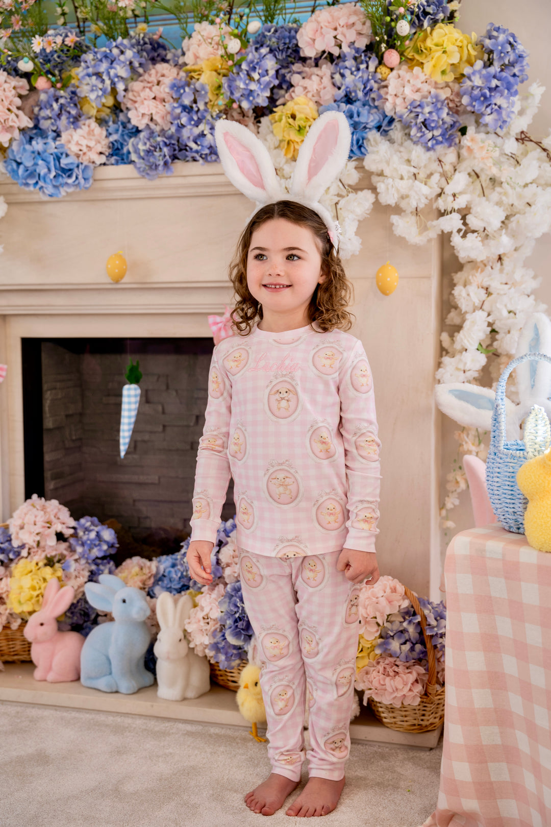 Girls Pink Easter Ribbed Modal Pyjama Set