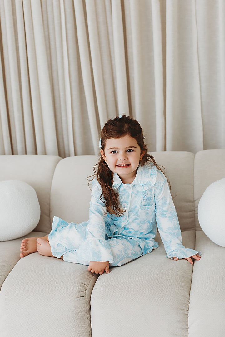 Girls Personalised Blue Toile De Jouy Luxury Jersey Pants set