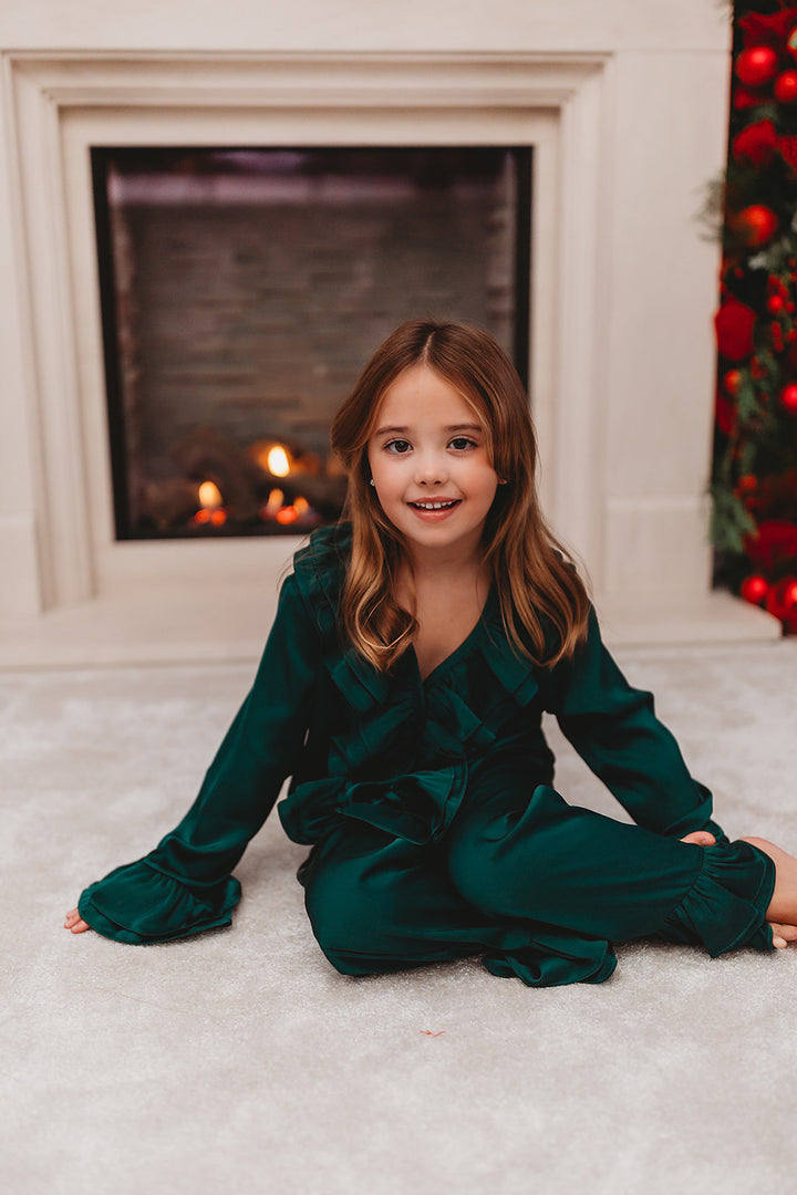 Girls Green Luxe Satin Frill Trouser Set