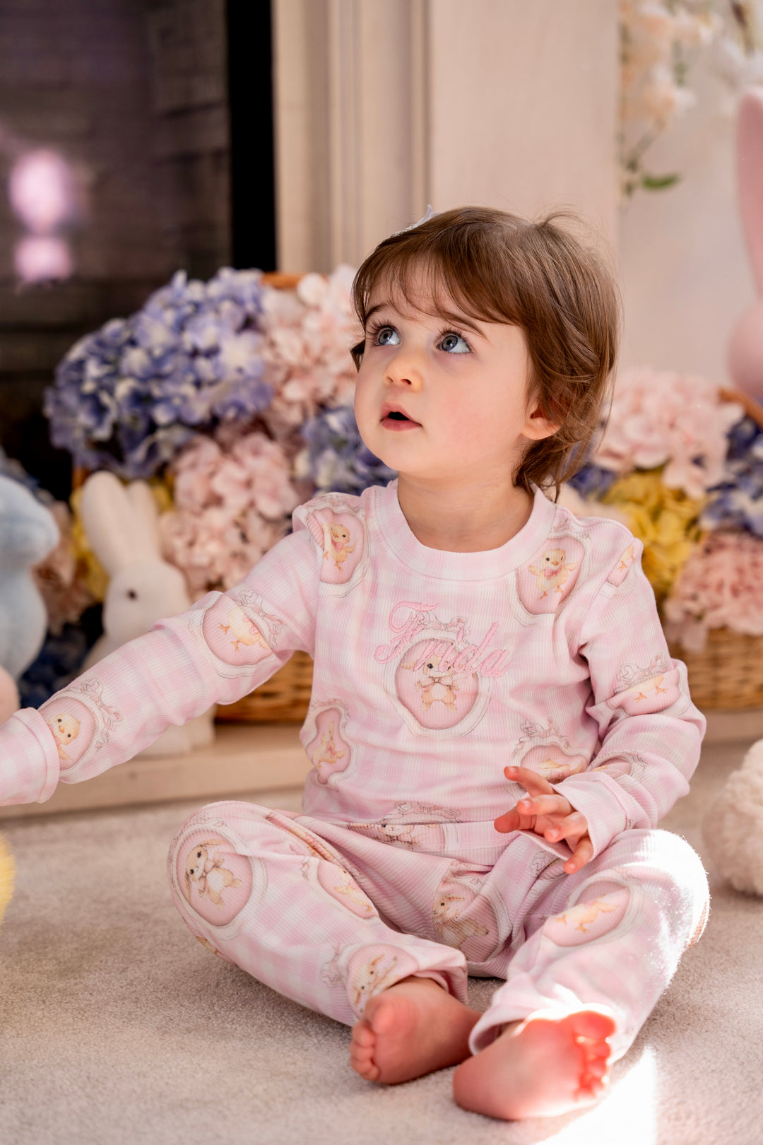 Girls Pink Easter Ribbed Modal Pyjama Set