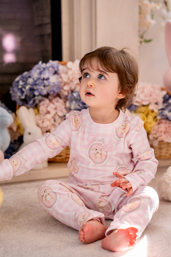 Girls Pink Easter Ribbed Modal Pyjama Set