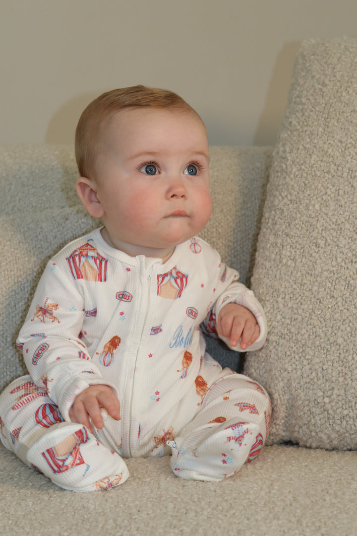 Baby Boy Personalised Blue Circus Luxury Ribbed Modal Babygrow