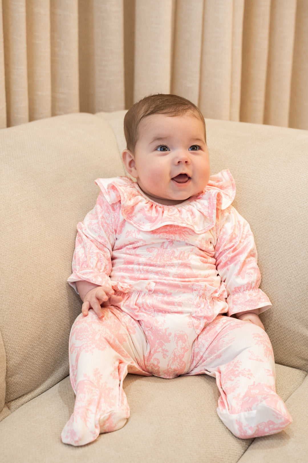 Baby Personalised Pink Toile De Jouy Luxury Jersey Babygrow