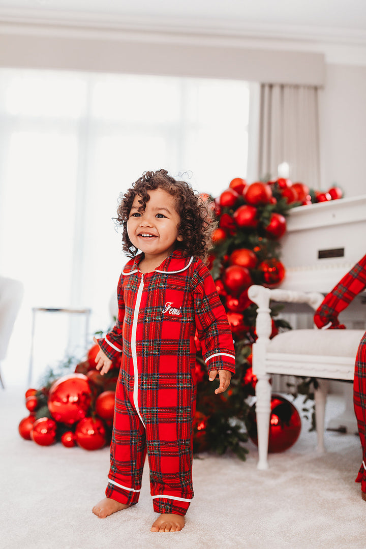 Baby Personalised Red Tartan Luxury Jersey Zip Romper