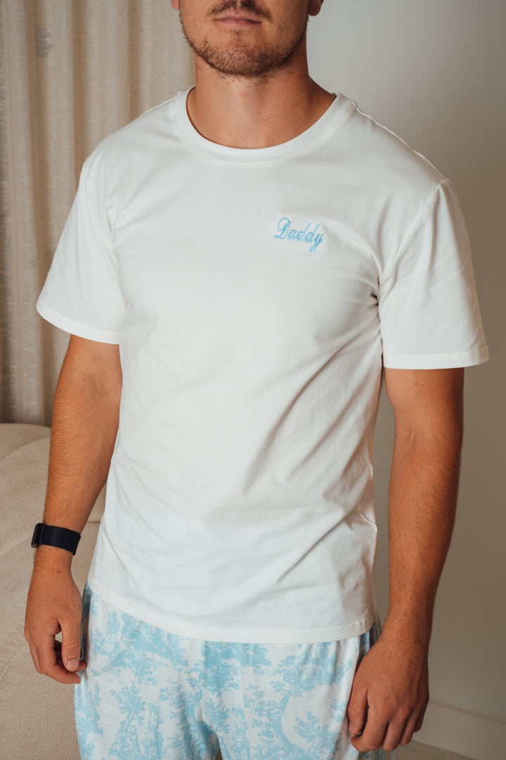 Mens Personalised Blue Toile de Jouy Luxury Jersey Shorts Set