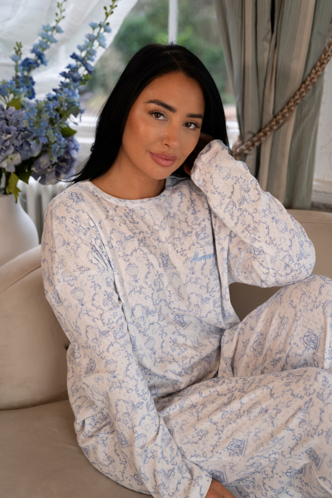 Ladies Blue Personalised Pointelle Pyjama Set