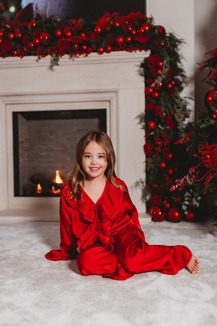 Girls Red Luxe Satin Frill Trouser Set