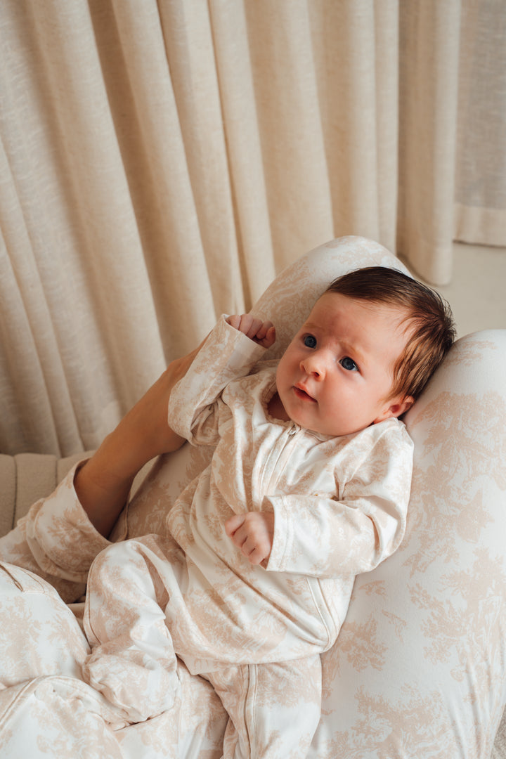 Baby Personalised Neutral Toile De Jouy Zip Babygrow