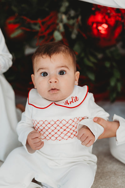Boys Hand Smocked Cotton Personalised Babygrow - White & Red