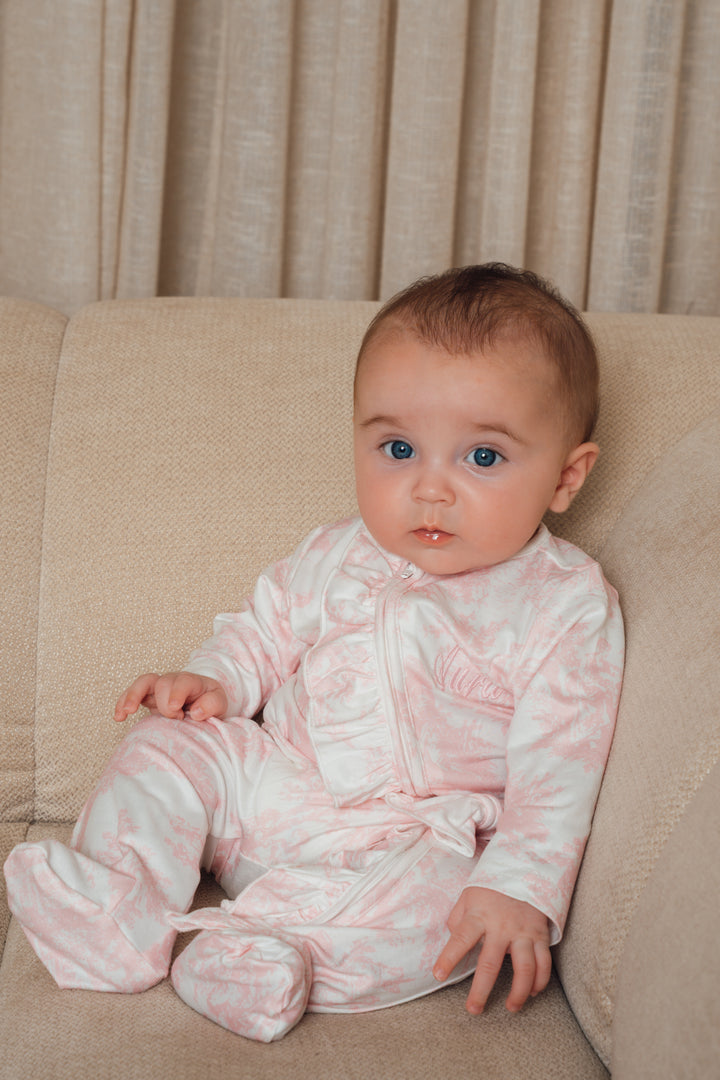 Baby Personalised Pink Toile De Jouy Zip Frill Babygrow