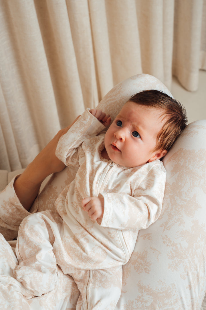Baby Personalised Neutral Toile De Jouy Zip Babygrow