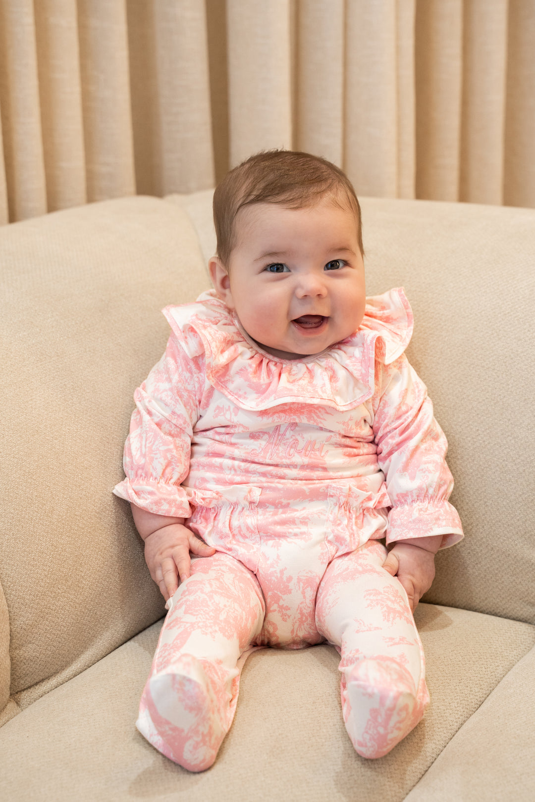 Baby Personalised Pink Toile De Jouy Luxury Jersey Babygrow