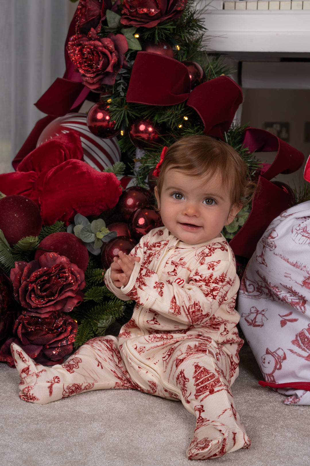 Baby Christmas Red Toile Ribbed Modal Babygrow