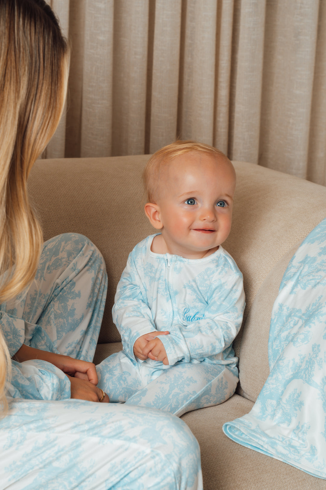 Baby Personalised Blue Toile De Jouy Zip Babygrow