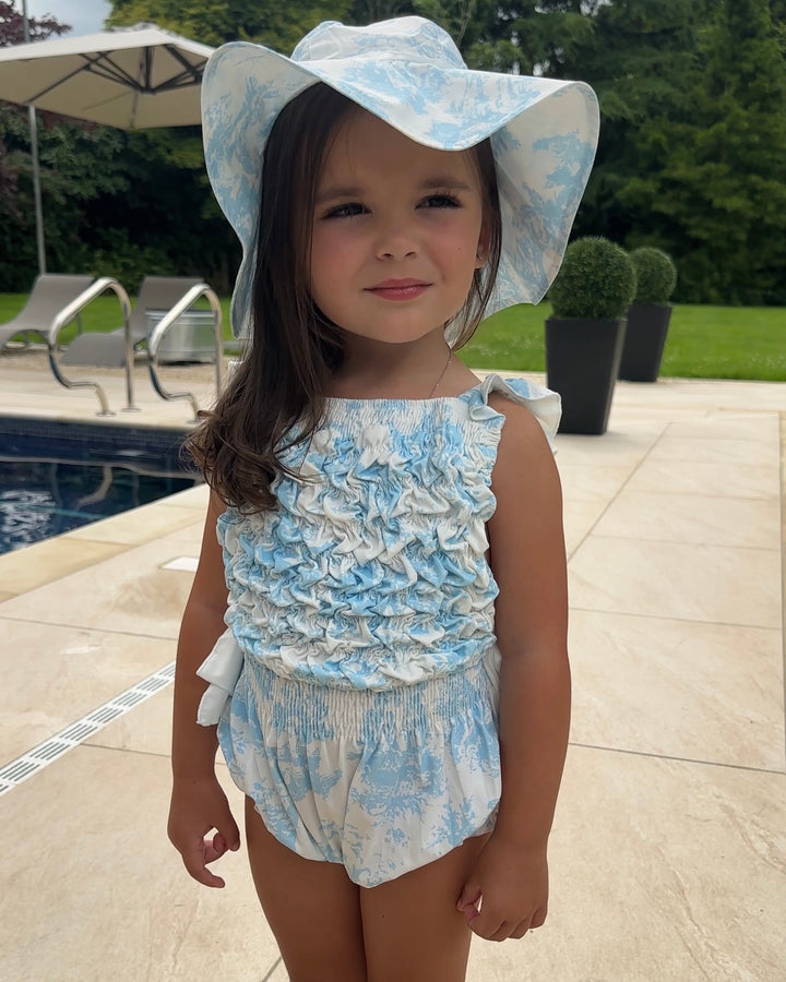 Girls Blue Toile De Jouy Swimsuit