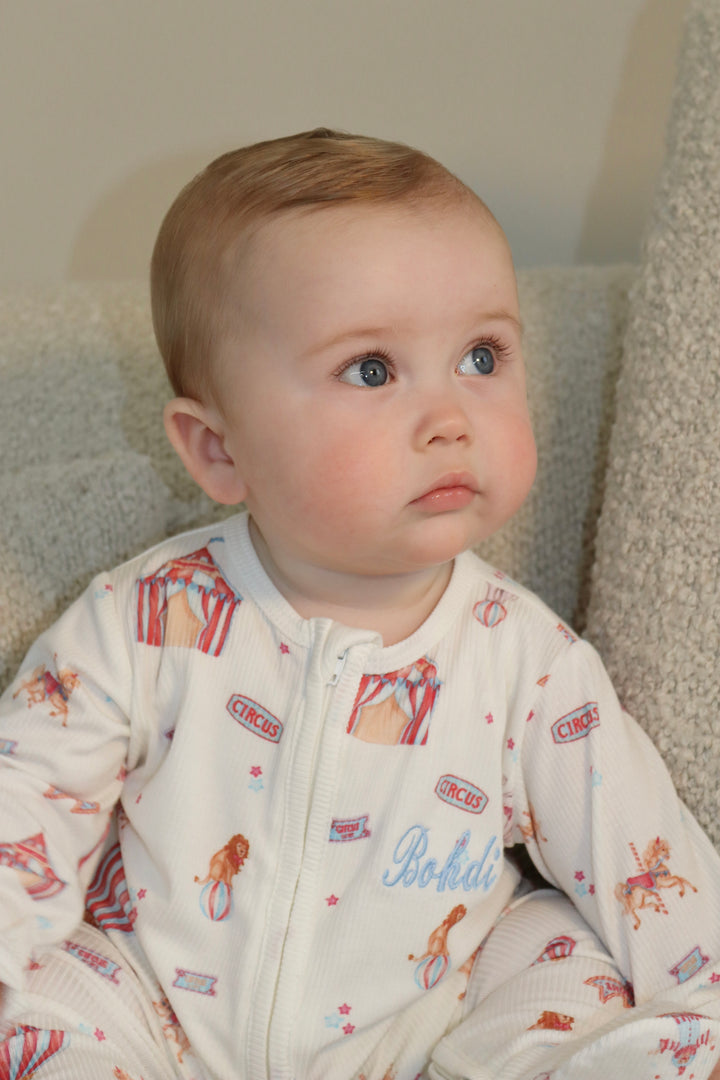 Baby Boy Personalised Blue Circus Luxury Ribbed Modal Babygrow