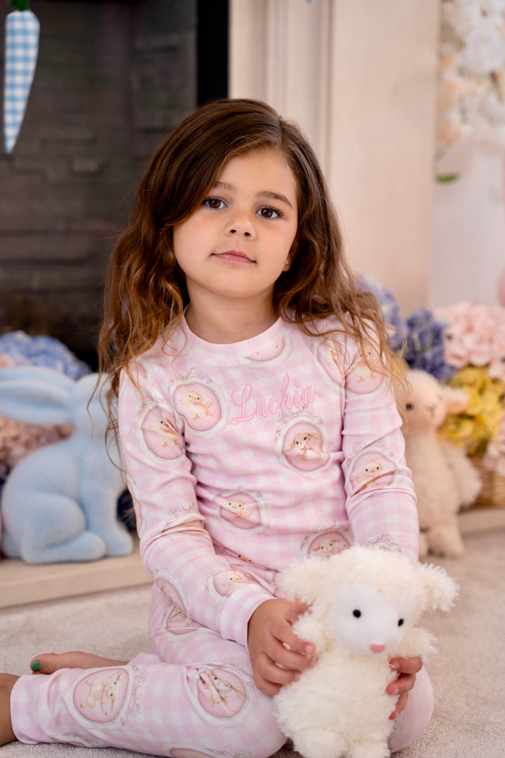 Girls Pink Easter Ribbed Modal Pyjama Set