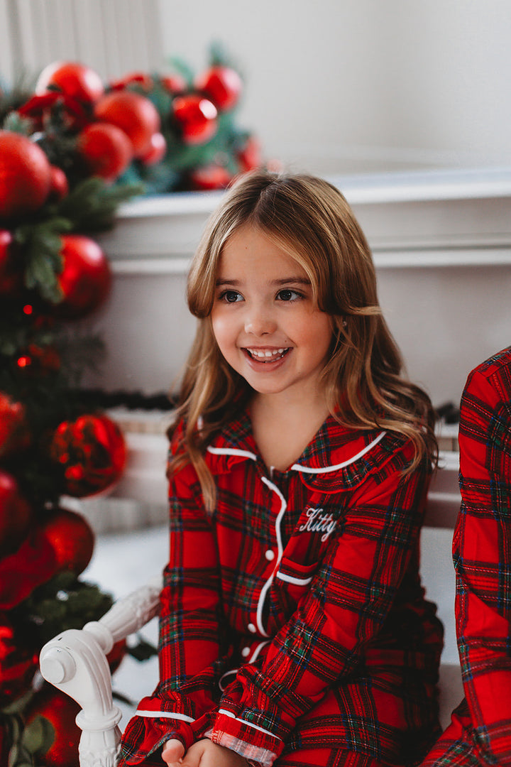 Girls Personalised Red Tartan Luxury Jersey Pants set